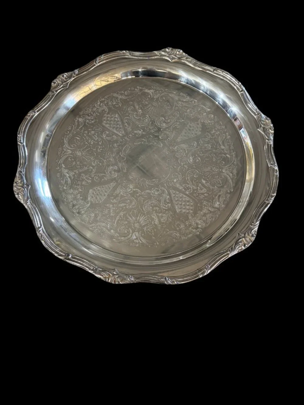 Vintage Pilgrim Oneida Silverplate Tray – Etched Scalloped Serving Platter
